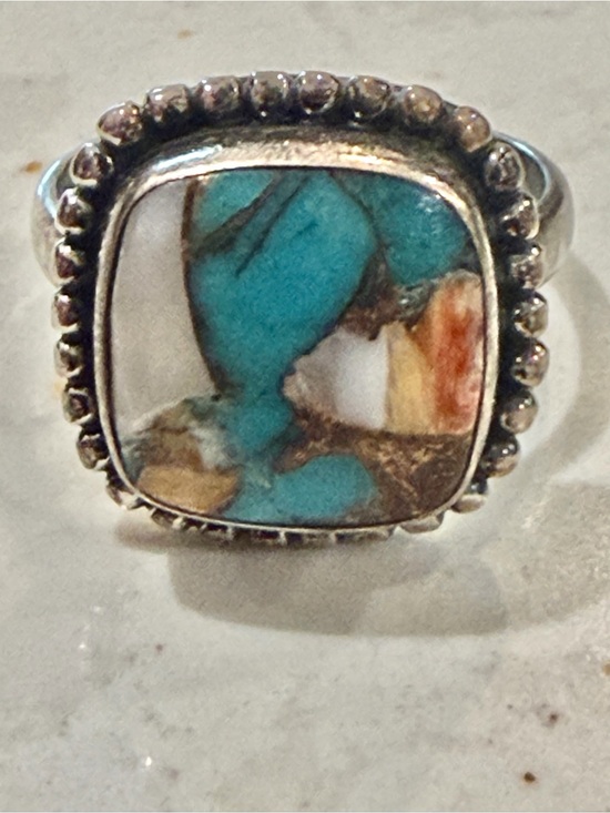 925 Sterling Silver Jewelry - Vintage Southwestern Sterling Silver Oyster Copper Turquoise Mosaic Ring - Size